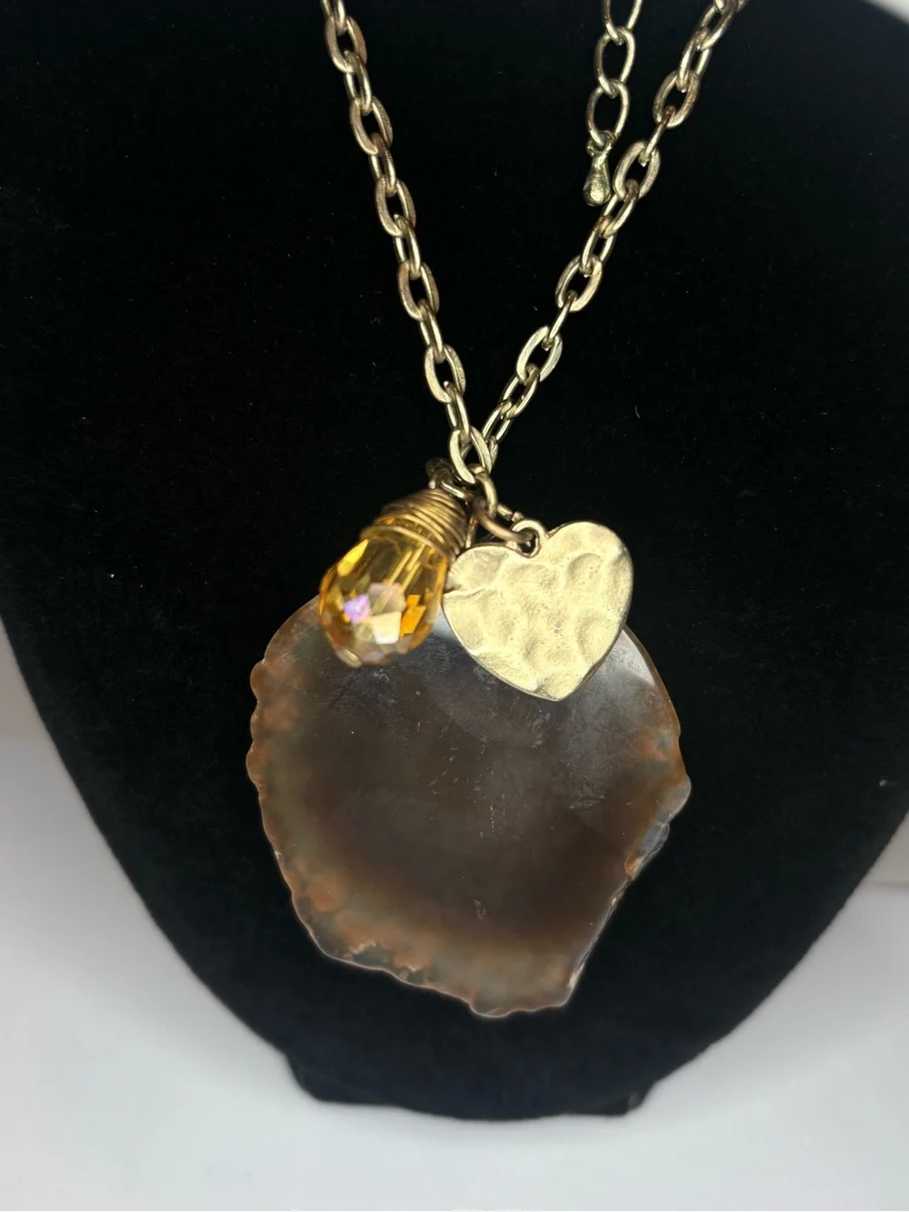Agate Slice Pendant Necklace Druzy Quartz Gold Tone Heart Glass Crystal 31”